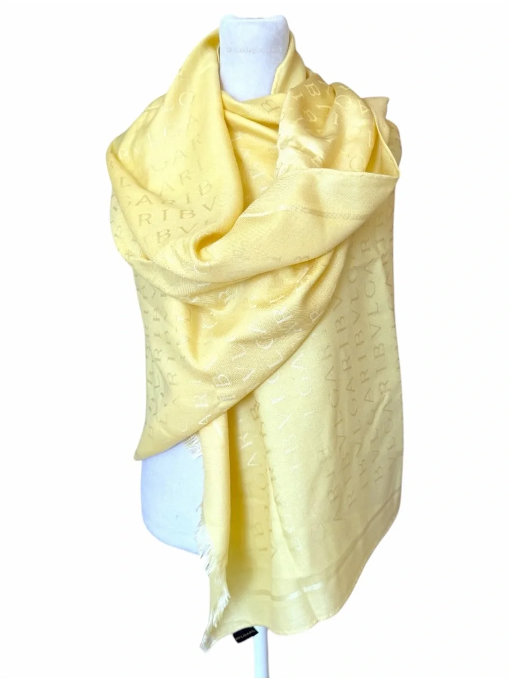 BVLGARI Logomania Silk Wool Maxi Stole Scarf Pale Yellow Buttercream Italy 71x28